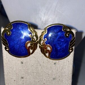 VTG 80’s Elegant Blue and Gold Enameled Earrings